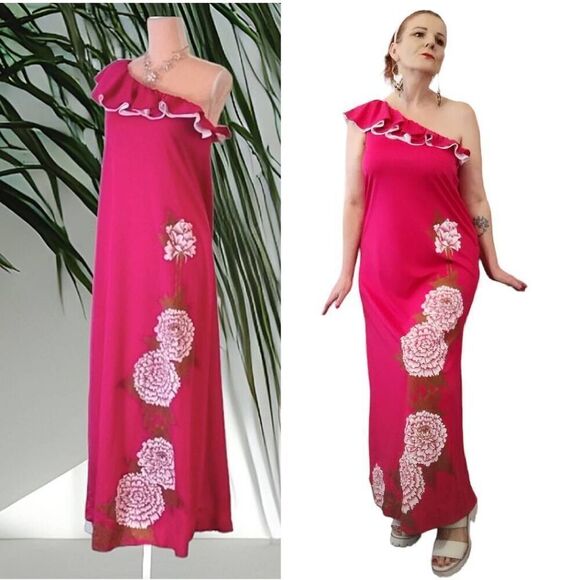 Alfred Shaheen VTG RARE Pink One Shoulder Hand Painted Maxi Dress Size 10 - Picture 5 of 13